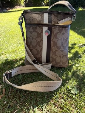 Coach Brown Signature Canvas Crossbody with Khaki Stripe